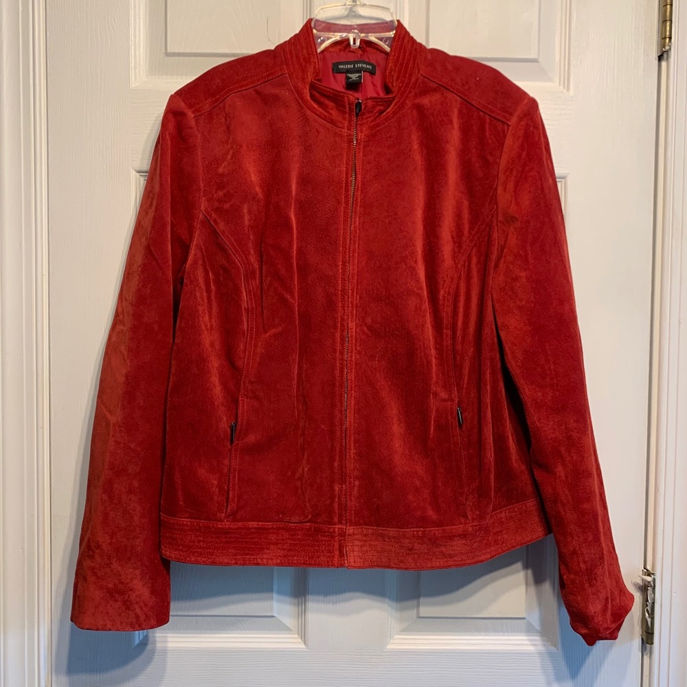 Valerie Stevens Suede Leather Jacket XL Red Zip Front Mock Neck Moto Biker Bold